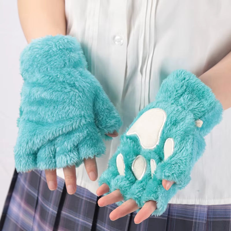 🐾 Kawaii Plush Cat Claw Mittens – Ultra-Soft Thickened Bear Paw Half-Finger Gloves | Cozy Winter Fingerless Hand Warmers for Girls 🐱❄️