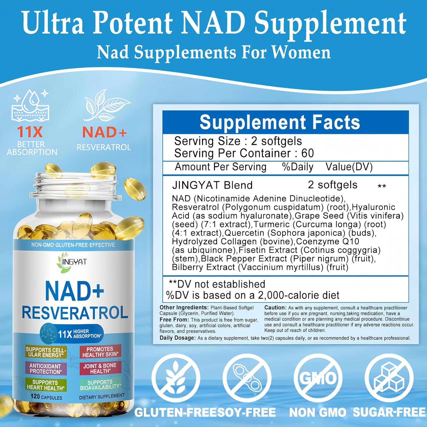 11-In-1 NAD Supplement with Resveratrol, Coq10, Quercetin, Collagen, Grape Seed for Cellular Energy, Mental Focus & Antioxidant Support - NAD Supplement for Women & Men, 120 Soft Capsules