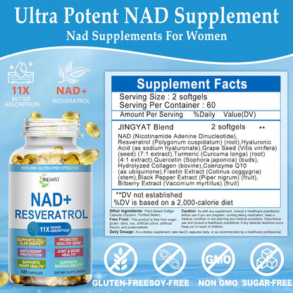 11-In-1 NAD Supplement with Resveratrol, Coq10, Quercetin, Collagen, Grape Seed for Cellular Energy, Mental Focus & Antioxidant Support - NAD Supplement for Women & Men, 120 Soft Capsules