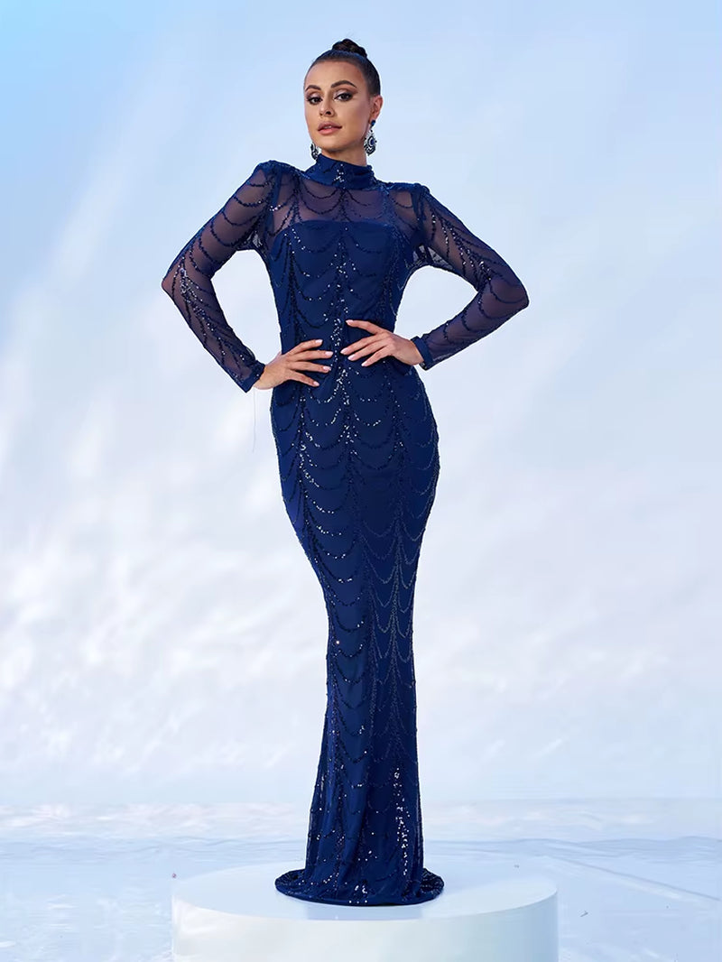 Missord Elegant Wave Sequin Evening Gown – High Neck Mesh Bodycon Party Dress 🌊✨