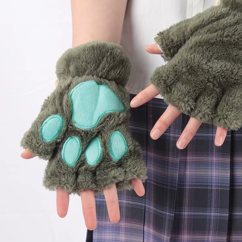 🐾 Kawaii Plush Cat Claw Mittens – Ultra-Soft Thickened Bear Paw Half-Finger Gloves | Cozy Winter Fingerless Hand Warmers for Girls 🐱❄️