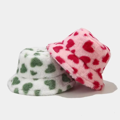 💖 Luxury Heart Print Faux Fur Bucket Hat – Ultra-Soft Winter Fisherman Cap for Women & Teens | Trendy Y2K Warmth ❄️👒