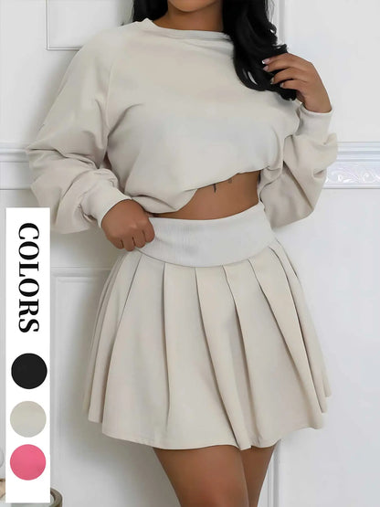 Women'S Fashion Casual Set, Autumn Winter New Style Hoodie Long Sleeve Pullover Top and Pleated Mini Skirt