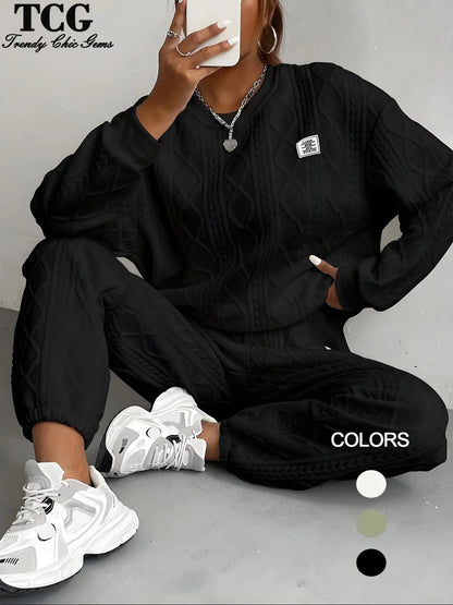 Urban Luxe Textured Letter Set – Cozy Drop Shoulder Pullover & Elastic Joggers knitted 🏷️✨