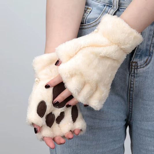 🐾 Kawaii Plush Cat Claw Mittens – Ultra-Soft Thickened Bear Paw Half-Finger Gloves | Cozy Winter Fingerless Hand Warmers for Girls 🐱❄️