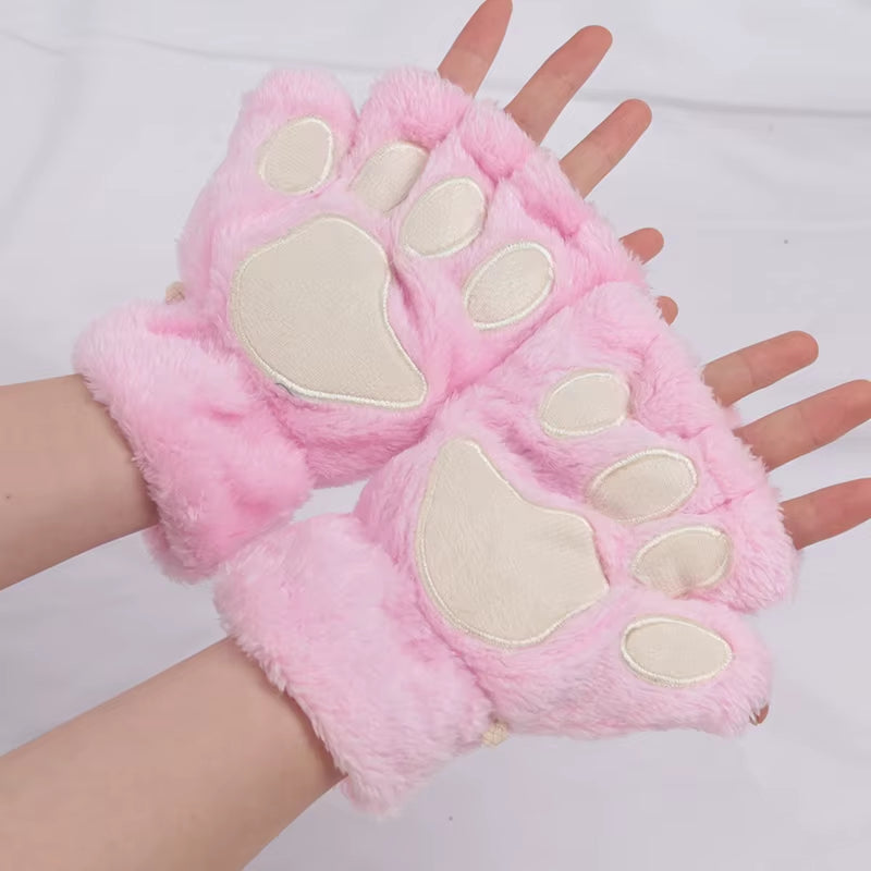 🐾 Kawaii Plush Cat Claw Mittens – Ultra-Soft Thickened Bear Paw Half-Finger Gloves | Cozy Winter Fingerless Hand Warmers for Girls 🐱❄️