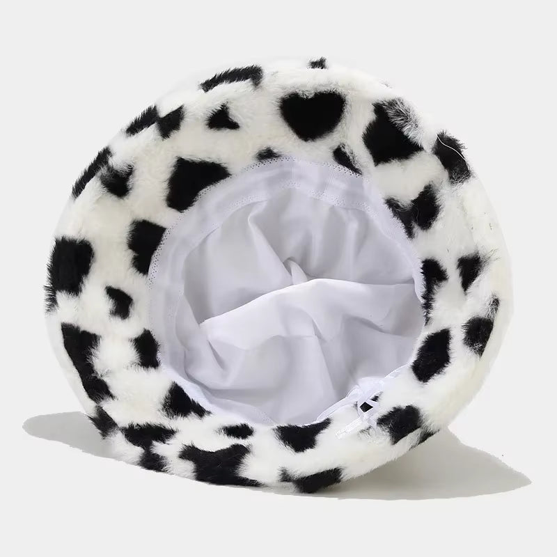 💖 Luxury Heart Print Faux Fur Bucket Hat – Ultra-Soft Winter Fisherman Cap for Women & Teens | Trendy Y2K Warmth ❄️👒