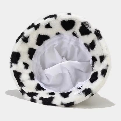 💖 Luxury Heart Print Faux Fur Bucket Hat – Ultra-Soft Winter Fisherman Cap for Women & Teens | Trendy Y2K Warmth ❄️👒
