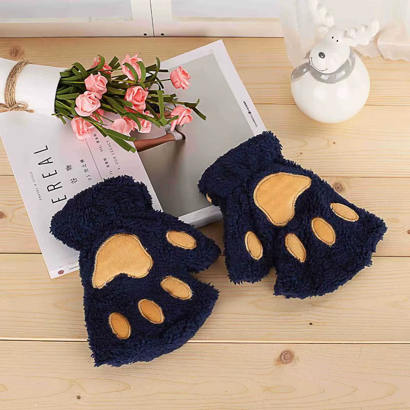 🐾 Kawaii Plush Cat Claw Mittens – Ultra-Soft Thickened Bear Paw Half-Finger Gloves | Cozy Winter Fingerless Hand Warmers for Girls 🐱❄️