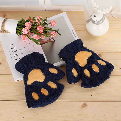 🐾 Kawaii Plush Cat Claw Mittens – Ultra-Soft Thickened Bear Paw Half-Finger Gloves | Cozy Winter Fingerless Hand Warmers for Girls 🐱❄️