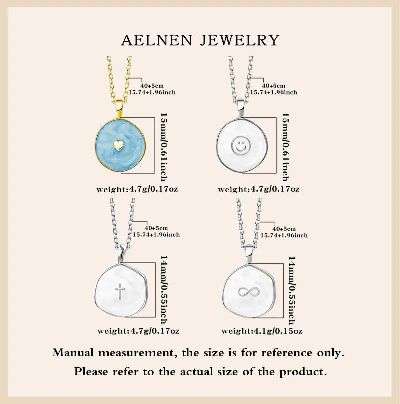 AELNEN Enamel Accent Disc Necklaces - S925 Marble & Minimal Symbol Pendants - Sleek Versatile Jewelry - Gift for Her