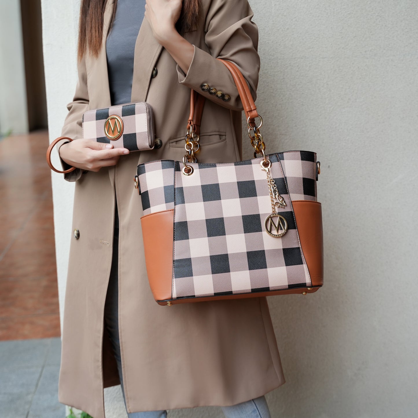 Mia K. Bonita Checker Tote & Wristlet Set – Vegan Leather 2-Piece Shopper 👜✨