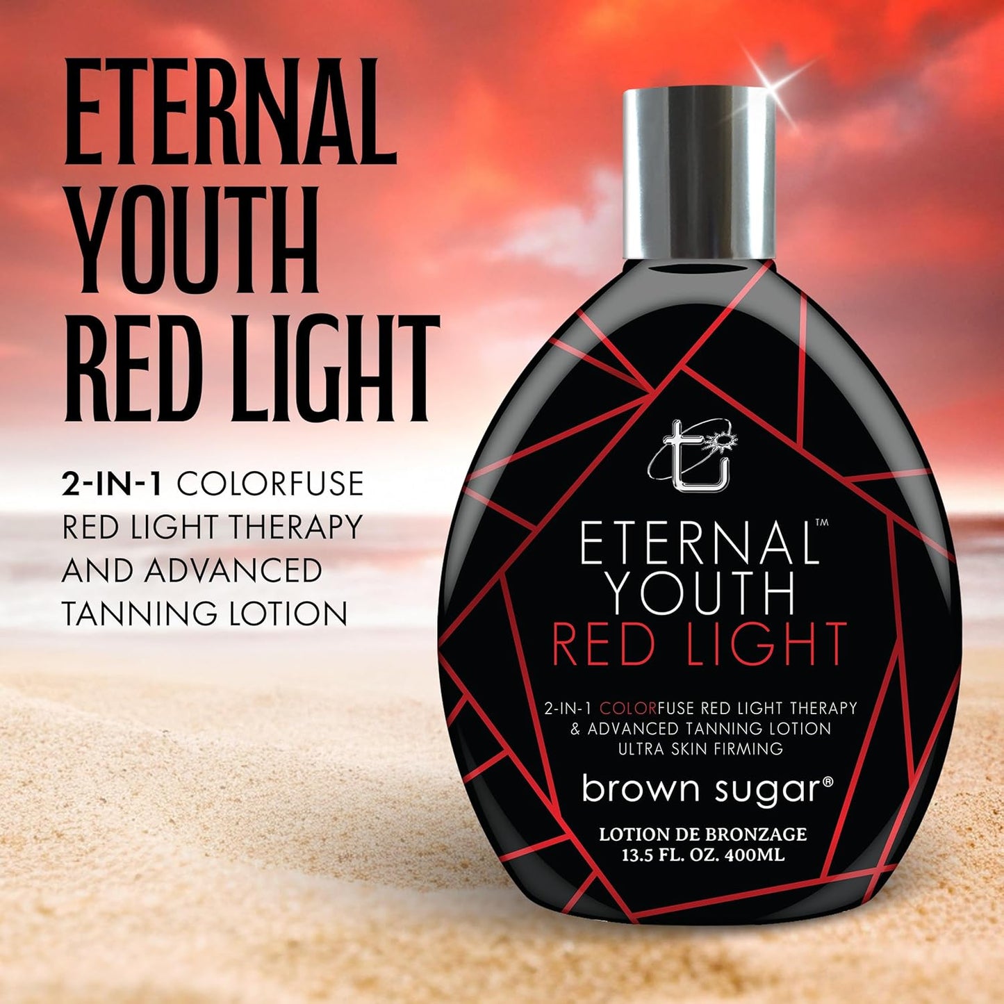 Eternal Youth Tanning Lotion, 2-In-1 Color Fuse Red Light & Ultra Skin Firming Advanced Tanning Lotion with Peptides, Hyaluronic Acid, Green Tea & Aloe, 13.5 Fl Oz